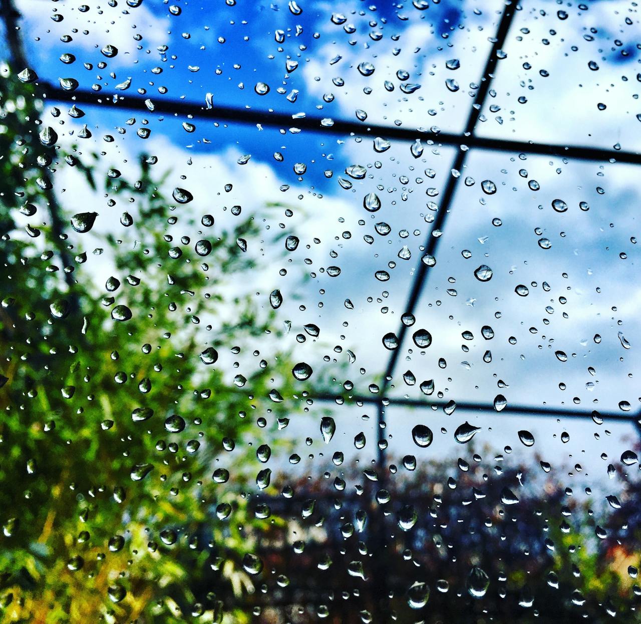 A view through a rain-covered window, focusing on raindrops with a blurred garden background.